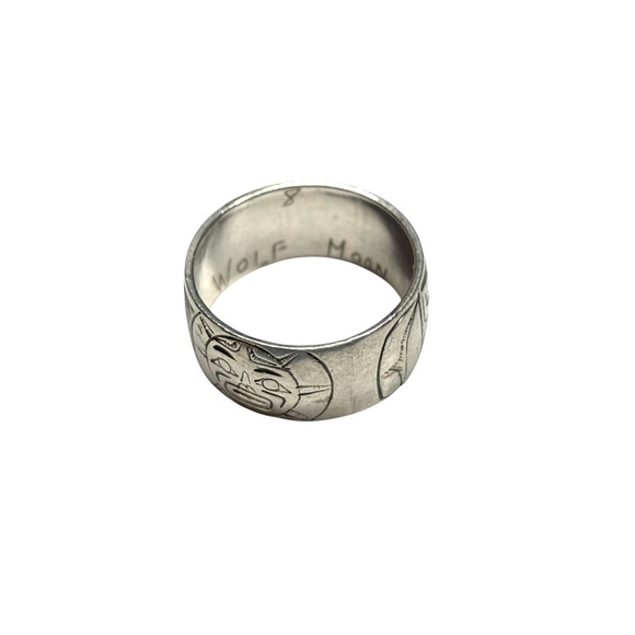 3/8” Wolf Moon Native Art Silver Ring - Picture 3 of 4